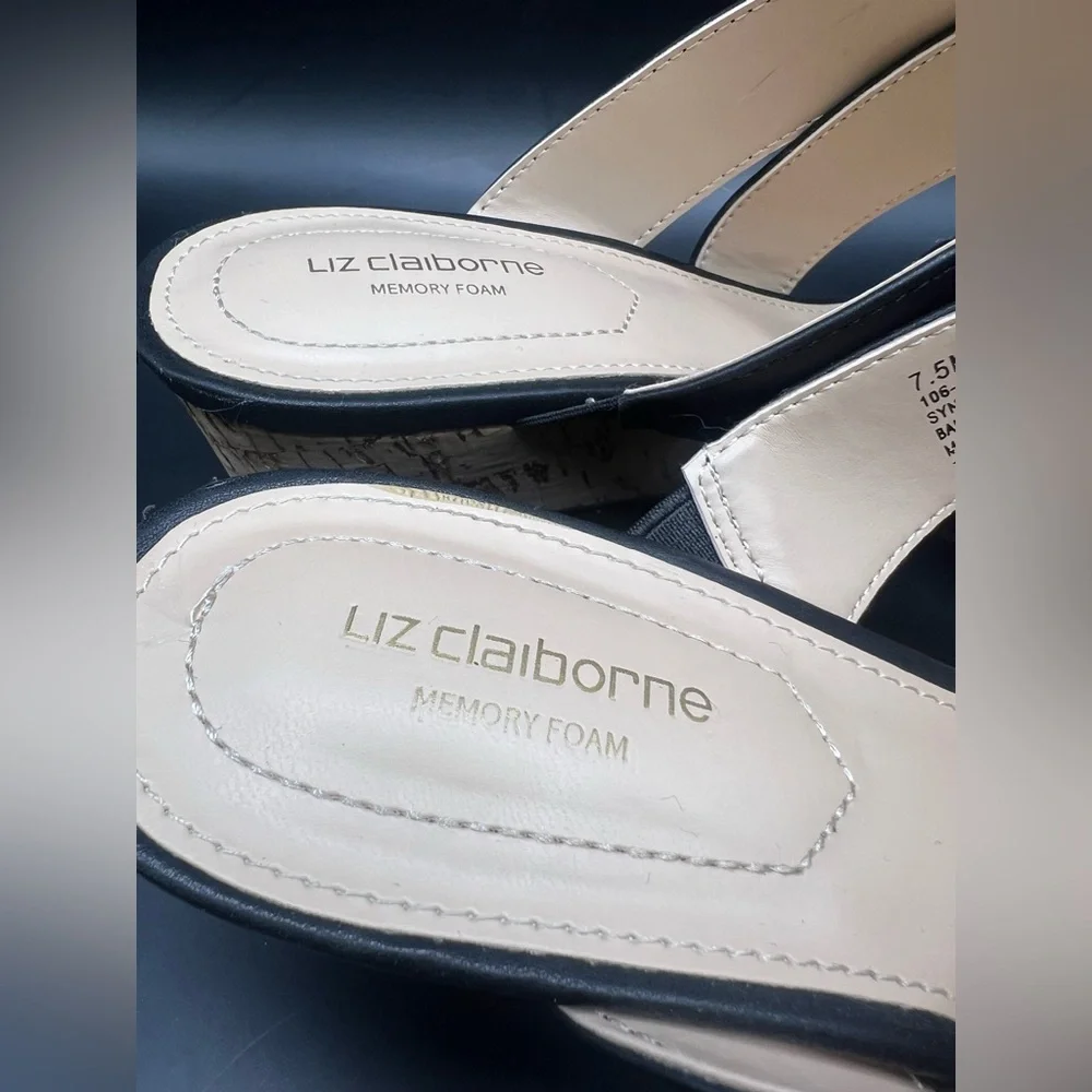 Liz Claiborne- Black‎ Leather Women's Sandals, Cork bottom wedge, Size:7-1/2
